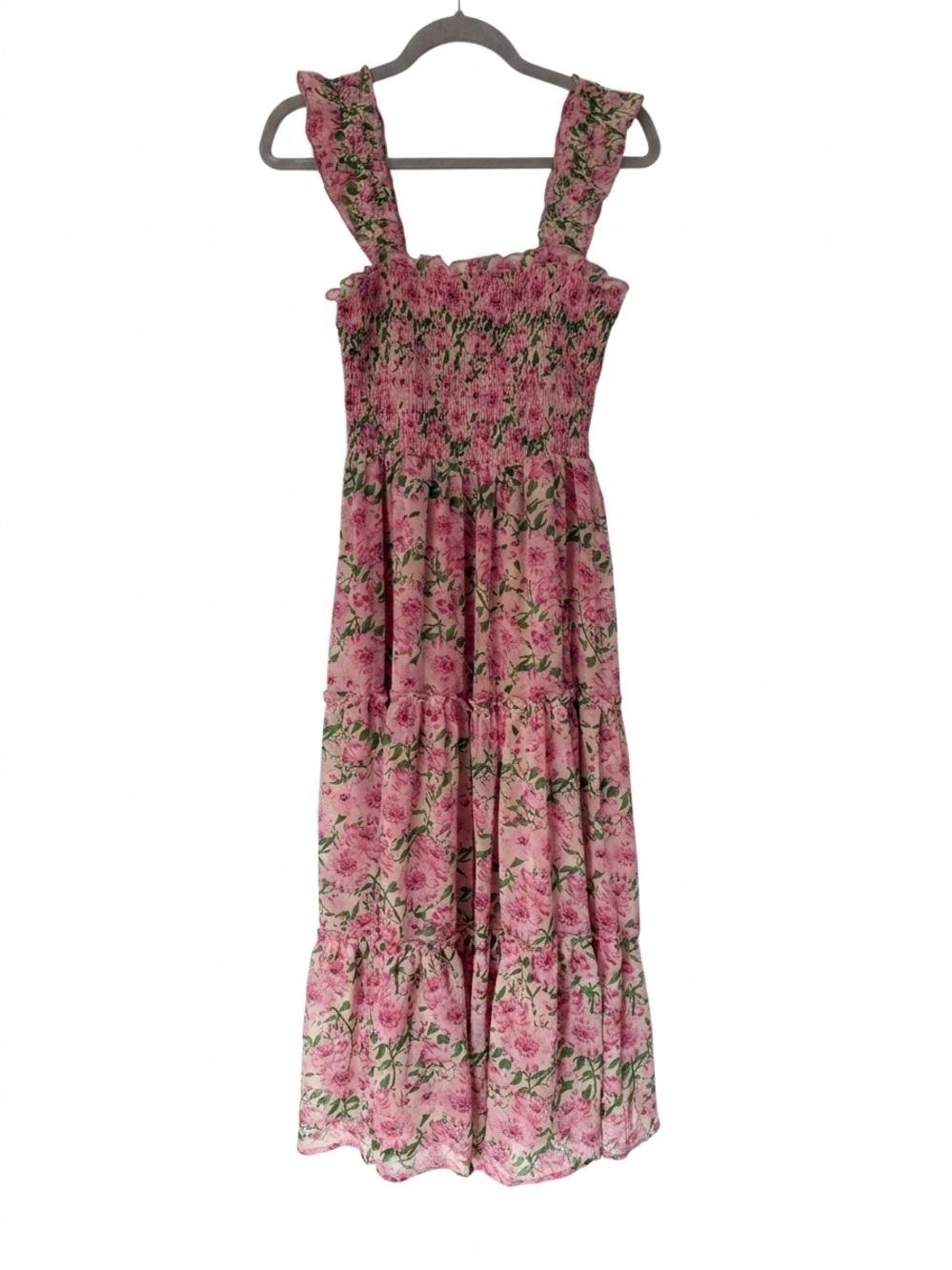 Pink Floral Maxi Sundress with Green Leaf Print